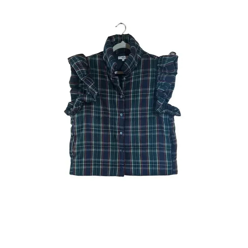 Entro Plaid Print Quilted Collared Button Up Vest Ruffle Sleeve Women Size Small